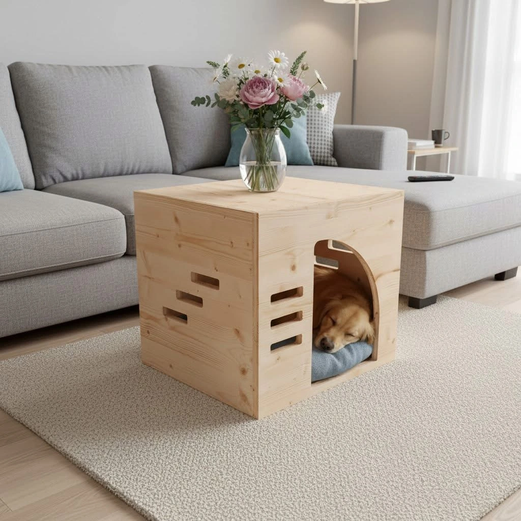 UGC lifestyle fotografija psa v estetskem notranjem ambientu kot del predstavitve pet izdelkov